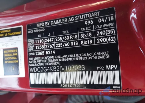 2018 Mercedes-Benz Glc 300 4Matic из США, поврежденный, VIN WDC0G4KB2JV103033